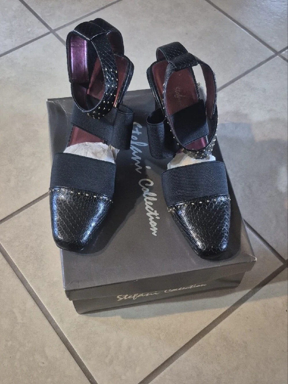 Black Studded Pointed-Toe Elastic Strap Heels